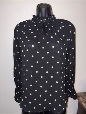 LOFT Black and White Polka Dot Ruffle Neck Blouse
